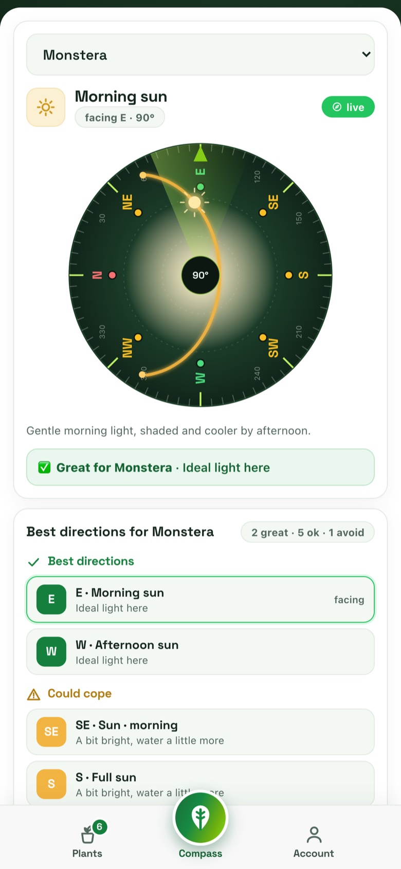 Plant Compass Lite reading the sun's path and rating a Monstera as great for the direction you're facing
