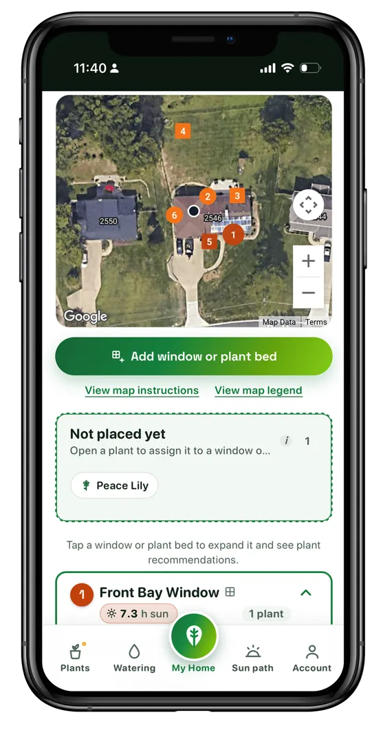 Plant Compass Pro satellite map showing sun-rated windows