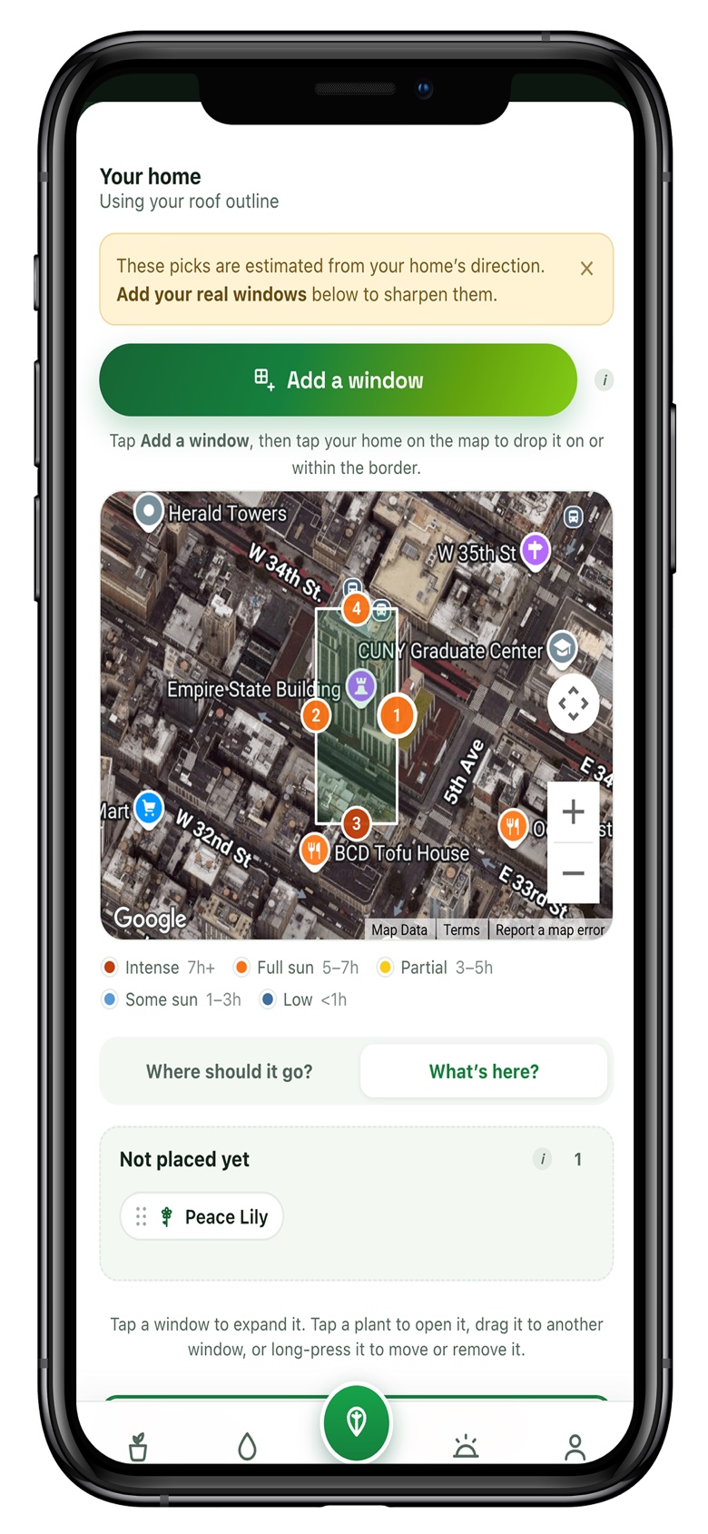 Plant Compass Pro satellite map of a home with windows labeled by sun hours