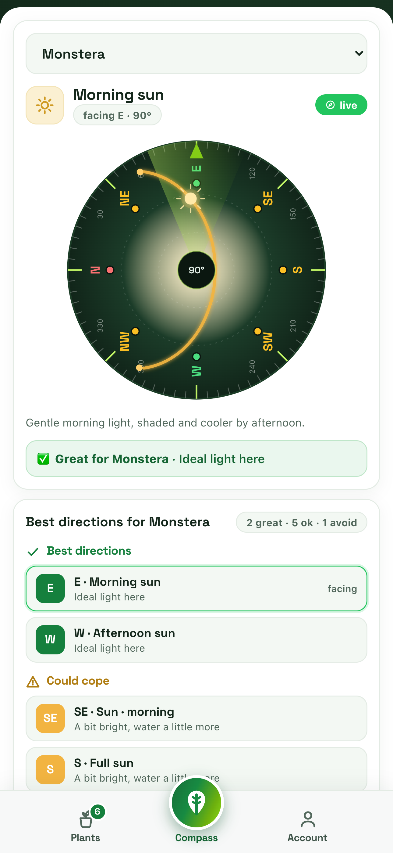 Plant Compass Lite on iPhone rating a plant's light for the direction you're facing