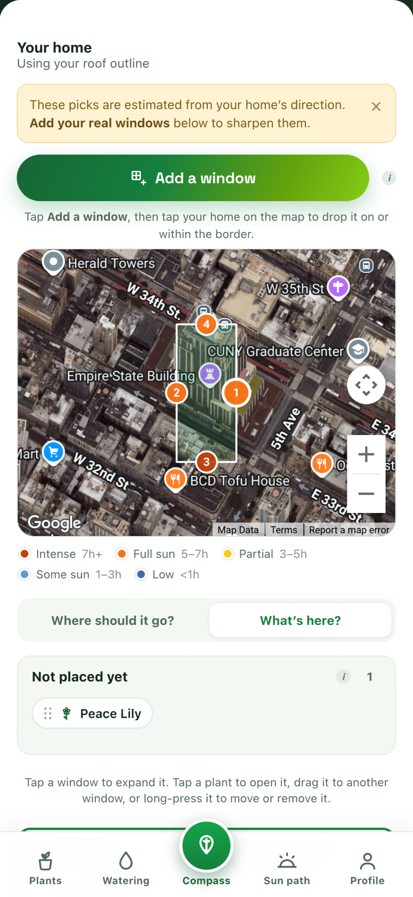 Plant Compass Pro on iPhone showing your home mapped from satellite with each window's sun